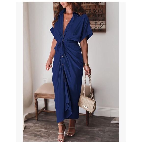NEW Satin Button Down Belted Elegant Ruched Maxi Dress S - Picture 2 of 7